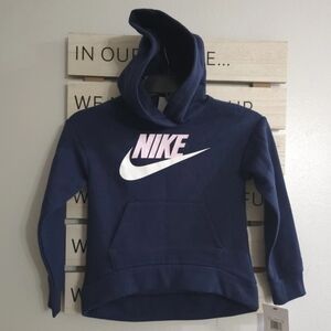 Nike‎ Girls Navy Blue Pink Swoosh Hooded Pull Over Sweatshirt Size 6X NEW